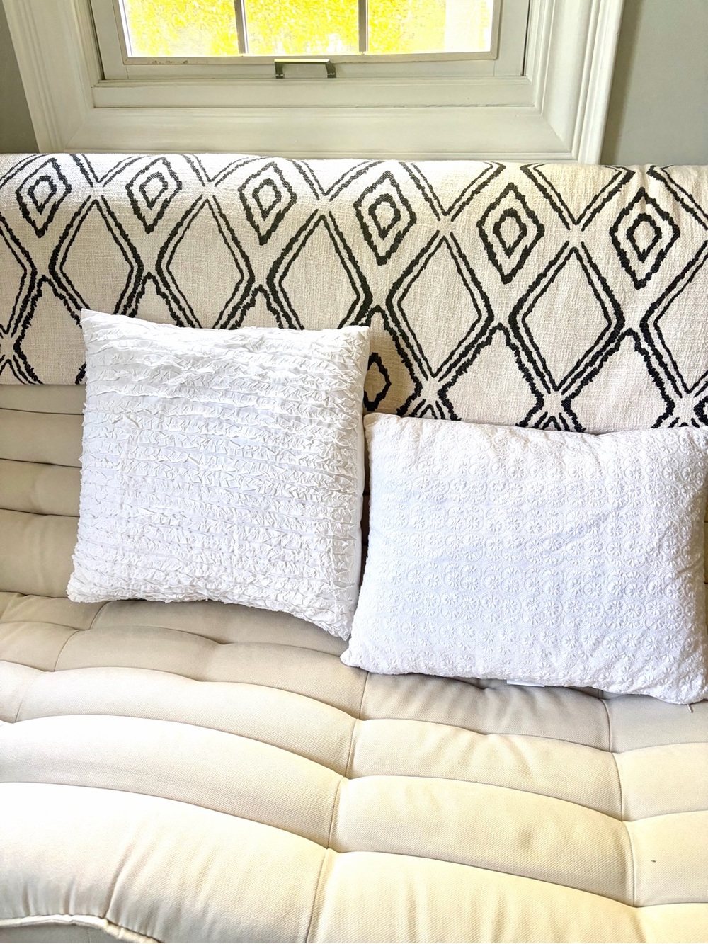 Set of Two Decorative White Cotton Throw Pillows with Inserts